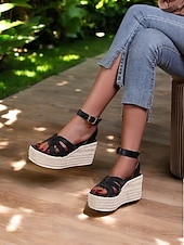 olcso Nyári szandálok-női espadrille platform ékszandál – nyitott orrú bokapántos nyári cipő hétköznapi, strand- és nyaralási viselethez