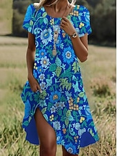 preiswerte Boho Kleider-Damen Mini Kleid Lässig Kleid Petite Kleid T-Shirt Kleid Tee Kleid Sommerkleid Lässig Urlaub Lässig Täglich Reguläre Passform Floral Kurzarm Rundhals Blau Dunkelblau Sommer