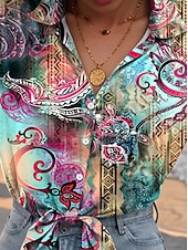 economico Top Boho da Donna-Per donna Camicia Floreale Casual Manica Lunga Colletto a Camicia Top Regolari Lavoro Quotidiano Bottoni Stampato Arcobaleno Primavera Autunno Inverno