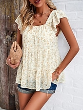 abordables Tops Graphiques pour Femmes-Femme Chemise Chemisier Floral mode Décontractées Manche Courte Col Carré Hauts réguliers du quotidien A Volants Imprimer Noir Jaune Rouge Beige Eté