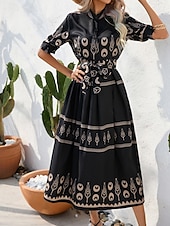 ieftine Rochii casual florale-Pentru femei Rochie Lunga Rochie Maxi Rochie casual Rochie de vară Rochie Boho Modă În aer liber Concediu Dată Fit regulat Vopsire Lungime Manșon 3/4 Guler Cămașă Negru Alb Trifoi Vară Primăvară