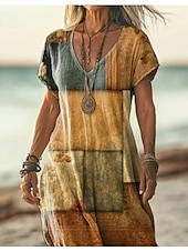 abordables Robes Boho-Femmes Robe maxi Robe Décontractée Robe trapèze Élégant Occasionnel Vacances Quotidien Coupe régulière Géométrique Manche Courte Col en V Jaune clair Printemps Automne