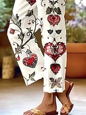 billiga Raka byxor-Kvinnors Bomull Linne Byxor Baggy Byxor Linne Likt Elegant Vintage Mode Full längd Hög Midja Blommönster Tryckning Andningsbar Mjuk Mikro-elastisk Utomhus Vardags Linne Likt risvit Regular Fit
