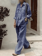economico Set in cotone e lino-Per donna Moda Streetwear Quotidiano Camicia Set ispirati al lino Set da due pezzi Pantaloni a Gamba Larga Manica Lunga Colletto a Camicia Semplice Casuale Quotidiano Bianco Rosa Verde militare Estate