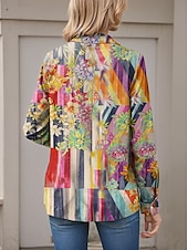 voordelige Bloemen tops-Dames Overhemd Ombre Bloemig Geometrisch Casual Lange mouw Overhemdkraag Normale tops Werk Dagelijks Knop Afdrukken Geel Lente Herfst Winter