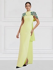 abordables Robes de Soirée-Robe de soirée colonne brodée verte rouge jaune robe élégante formelle invité de mariage longueur sol sans manches col rond capes crêpe extensible avec paillettes 2025