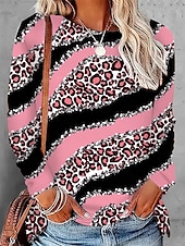 ieftine tricou Art &amp; Design-Pentru femei Tricou Leopard Dungi Casual Manșon Lung Stil Nautic Topuri obișnuite Zilnic Imprimeu Roz Îmbujorat Primăvară Toamnă