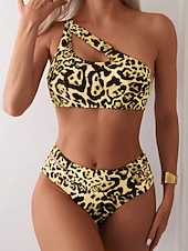 billiga Bikiniset-Dam Badkläder Bikini 2 st Kaxig Baddräkt Öppen rygg Smal Semester Standkläder Leopard Asymmetrisk hals Ärmlös Baddräkter