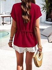 cheap Plain tee-Women&#039;s Shirt Blouse Solid Color Stylish Casual Short Sleeve Notched Neck Regular Tops Daily Buttons Drawstring Black Wine Blue Green Beige Summer