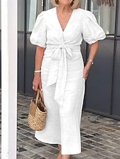 cheap Plain Dress-Women&#039;s Maxi Dress A Line Dress Solid Color Summer Dress Puff Sleeve Dress Basic Casual Puff Sleeve Vacation Daily Regular Fit Graphic Short Sleeve V Neck Black White Yellow Pink Summer