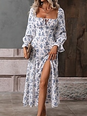 cheap Floral Dress-Women&#039;s Midi Dress Corset Dress A Line Dress Milkmaid Dress Puff Sleeve Dress Vacation Vacation Daily Regular Fit Floral Long Sleeve Square Neck White Blue Purple Gold Summer