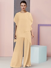 abordables Combinaisons pour maman-Ensemble de deux pièces combinaison  pantalon pour mère de la mariée invitée de mariage élégant grande taille col rond longueur totale chiffon manches courtes avec couleur unie 2025 taille