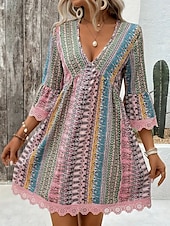 tanie Sukienki boho-Damskie Sukienka mini Codzienne sukienki Sukienka Boho Elegancki Codzienny Urlop Codzienny Regularny Graficzny Geometryczny Rękaw 3/4 W serek Rumiany róż Czerwony Niebieski Lato