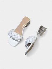 cheap Dress Sandals-Women&#039;s Light Blue Braided Strap Heeled Mules – Trendy Square Toe Summer Sandals