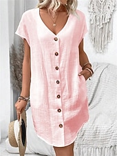 cheap Dresses-Women's Mini Dress Faux Cotton Linen Shift Dress Casual Dress Tank Dress Basic Casual Batwing Sleeve Casual Daily Vacation Loose Fit Plain Short Sleeve V Neck Black White Pink Green Summer Spring