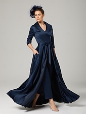 cheap Mom&#039;s Jumpsuits-Jumpsuit / Pantsuit Mother of the Bride  Elegant Party Simple Shirt Collar Ankle Length Satin 3/4 Length Sleeve with Bow(s)