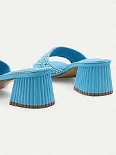 cheap Vacation Sandals-Women&#039;s Light Blue Pearl-Embellished Block Heel Mules – Elegant Open-Toe Slip-On Sandals for Summer Parties &amp; Evening Wear