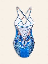 baratos trajes de banho de grife-Maiô de férias com estampa de leopardo e penas, tecido elástico de alta elasticidade e amarração nas costas.