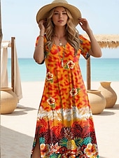 abordables Robe Fleurie-Robe Maxi Femme Manches Longues Robe Boho Élégante Vintage Manches Papillon Vacances Plage Régulière Florale Graphique Vintage Manches Courtes Col Ras du Cou Orange Été
