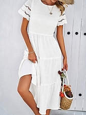 ieftine Rochii Albe din Dantela-Pentru femei Rochii Midi Rochie albă Rochie de dantela Rochie casual Rochie de vară Modă În aer liber Concediu Dată Fit regulat Simplu Manșon scurt Stil Nautic Negru Alb Trifoi Vară Primăvară