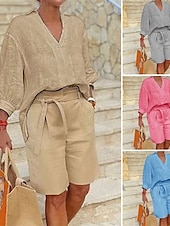 preiswerte Sets-Damen Mode Streetwear Hemd Baumwoll-Leinen-Sets Zweiteilige Sets Strandshorts Kurzarm V Ausschnitt Einfarbig Kordelzug Alltagskleidung Date Blau Khaki Grau Sommer Normale Passform