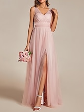 baratos Vestidos para Madrinhas-vestido de dama de honra em corte A, decote em V, sem mangas, elegante, longo, tule, com fenda frontal / franzido 2025