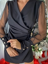 levne černé mini šaty-Dámské Mini šaty Bandážové šaty Bodycon šaty koktejl Práce Rande Běžný Bez vzoru Dlouhý rukáv Do V Černá Rubínově červená Léto