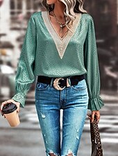 cheap Women&#039;s Plain Tops-Women&#039;s Shirt Blouse Solid Color Stylish Casual Long Sleeve V Neck Regular Tops Daily Lace Patchwork Black Green Summer Spring