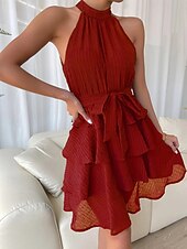 olcso Egyszerű ruha-Női Mini Ruha Hétköznapi Ruha A Vonallal Fit And Flare Ruha Alap Hétköznapi Szabadság Napi Rendszeres Illeszkedés Grafikus Ujjatlan Halter Nyak Fekete Piros Kék Lila Nyár