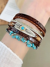 baratos Pulseira Feminina-Pulseira magnética de couro boho e turquesa - design ajustável em várias camadas com penas e pedras preciosas, perfeita para estilos casuais, de verão e festivais