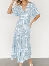 olcso Alkalmi virágos ruhák-Női Midi ruha hétköznapi ruha Boho elegáns ruhák Boho ruha Csehország Szüret Stílusos Vakáció Hétköznapi Napi Normál Csík Rövid ujjú V-alakú Fekete Világoszöld Világoskék Nyár Tavasz