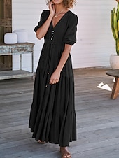 cheap Casual Dress-Women&#039;s Maxi Dress Casual Dress Swing Dress A Line Dress Casual Vacation Daily Regular Fit Plain Short Sleeve V Neck Black Navy Blue Fuchsia Green Summer