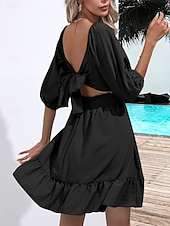cheap Plain Dress-Women&#039;s Mini Dress A Line Dress Milkmaid Dress Off The Shoulder Dress Puff Sleeve Dress Vacation Vacation Daily Regular Fit Plain Half Sleeve Square Neck Black White Light Green Pink Summer