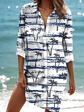 preiswerte Hawaiikleid-Damen Mini Kleid Hemd Kleid Grafisch Elegant Tropisch Stylisch Langarm Hemdkragen Lang Knöpfe Druck Weiß Sommer Frühling