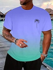 preiswerte Lässige T-Shirts für Herren-Herren T-Shirt Kurzarmshirt Kurzarm Rundhalsausschnitt Frühling &amp; Herbst Kokospalme Buchstabendruck Mode Designer Ombre-Design Urlaub Straße Ausgehen Dunkellila Rosa und Grün Rosa Azul Top T-Shirt