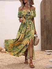 preiswerte Blumenkleider-Damen Midi Kleid Korsett Kleid Rüschens Kleid Off-the-Shoulder Kleid Urlaub Strand Urlaub Täglicher Regular Fit Grafik Kurzarm Off-Shoulder Gelb Hellgrün Himmelblau Orange Sommer