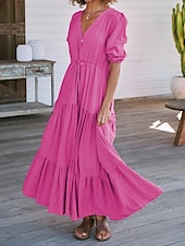 cheap Casual Dress-Women&#039;s Maxi Dress Casual Dress Swing Dress A Line Dress Casual Vacation Daily Regular Fit Plain Short Sleeve V Neck Black Navy Blue Fuchsia Green Summer