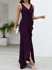 abordables Robes pour invitées de mariage-Trapèze Robes d&#039;invité de mariage Fente latérale Robe robe demoiselle d honneur Asymétrique Sans Manches Col V Invité de mariage d&#039;automne Crêpe Stretch avec Ruché Volants Fendue 2025