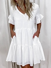 preiswerte Abschlusskleider-Damen Minikleid Weißes Kleid Casual kleid Rüschenkleid Kleid mit Puffärmeln Basic Brautkleider schlicht Urlaub Täglich Regular Fit Glatt Ärmellos V Ausschnitt Weiß Gelb Blau Sommer