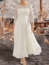 baratos Comprimento do chão-Vestido A-Line Para Mãe da Noiva Convidada Elegante Gola Redonda Comprimento do Tornozelo Chiffon Renda Mangas 3/4 com Franzido de Lantejoulas 2025