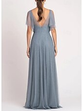 baratos Vestidos para Madrinhas-Linha A Vestido de Madrinha Decote V Manga Longa Elegante Longo Tule com Pregas / Franzido 2022