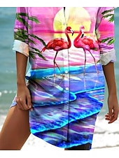 cheap Hawaiian Dress-Women&#039;s Mini Dress Shirt Dress  Graphic Elegant Vintage Tropical Long Sleeve Shirt Collar Long  Buttons Print Pink Summer Spring