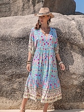 economico Abiti casual floreali-Per donna Abito lungo Abito lungo Abito boho Abito midi Informale Manica a sbuffo Interni Informale Giornaliero Standard Floreale Stile Boho Mezza manica A V Blu Estate Autunno
