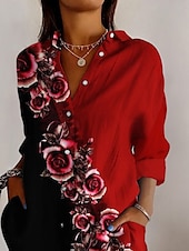 preiswerte Blumenoberteile-Damenhemd Langarm Knopfbluse Blumengrafik Alltag Stilvoll Retro Vintage Hemd Kragen Reguläre Tops Alltag Feiertag Ausgehen Knöpfe Rot Khaki Sommer Frühling