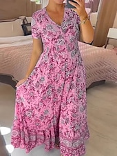 olcso Vakációs ruhák-Női Maxiruha hétköznapi ruha Boho ruha Elegáns Stílusos Alkalmi Vakáció Hétköznapi Napi Normál Virágos Rövid ujjú V-alakú Arcpír rózsaszín Sötétkék Bíbor Világoskék Nyár Tavasz