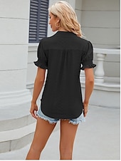 cheap Lace Tops-Women&#039;s Boho T-shirt Plain Bohemia Cute Stylish Short Sleeve Puff Sleeve V Neck Shirt Collar Regular Tops Daily Going out Weekend Ruffle Eyelet Sage Green Black White Pink Wine Summer