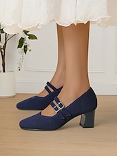 cheap Block Heels-Breathable Fly-knit Mary Jane Pumps with Double Buckle Detail and Chunky Heel, Elegant Style for Women, Ideal for Work, Events and Formal Occasions