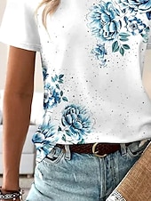 ieftine tricou floral-Pentru femei Tricou Trandafir Floral Grafic Elegant Epocă Modă Manșon scurt Rotund Topuri obișnuite Zilnic Ieșire Sfârșit de săptămână Imprimeu Albastru piscină Vară