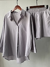 cheap Sets-Women&#039;s Vacation Fashion Shirt Linen-Inspired Sets Two Piece Sets Beach Shorts Baggy Shorts Short Sleeve Shirt Collar Solid Color Drawstring Daily Wear Date Pink Green Gray Summer Regular Fit