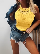 abordables Débardeurs et camisoles femme-Débardeur pour femmes en camisole noir blanc jaune couleur unie dentelle trou quotidien col halter coupe régulière S
